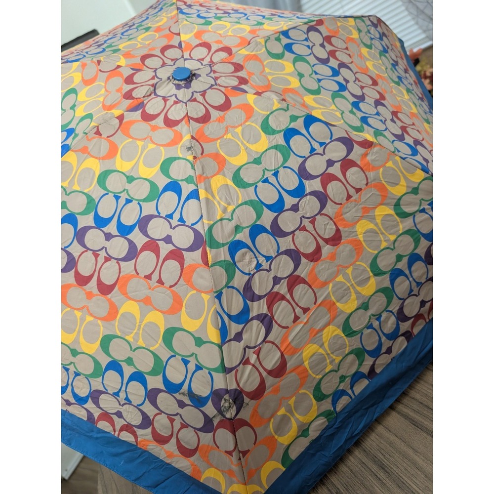 Coach Compact Folding Umbrella Logo Pattern Multicolor Blue Beige Button